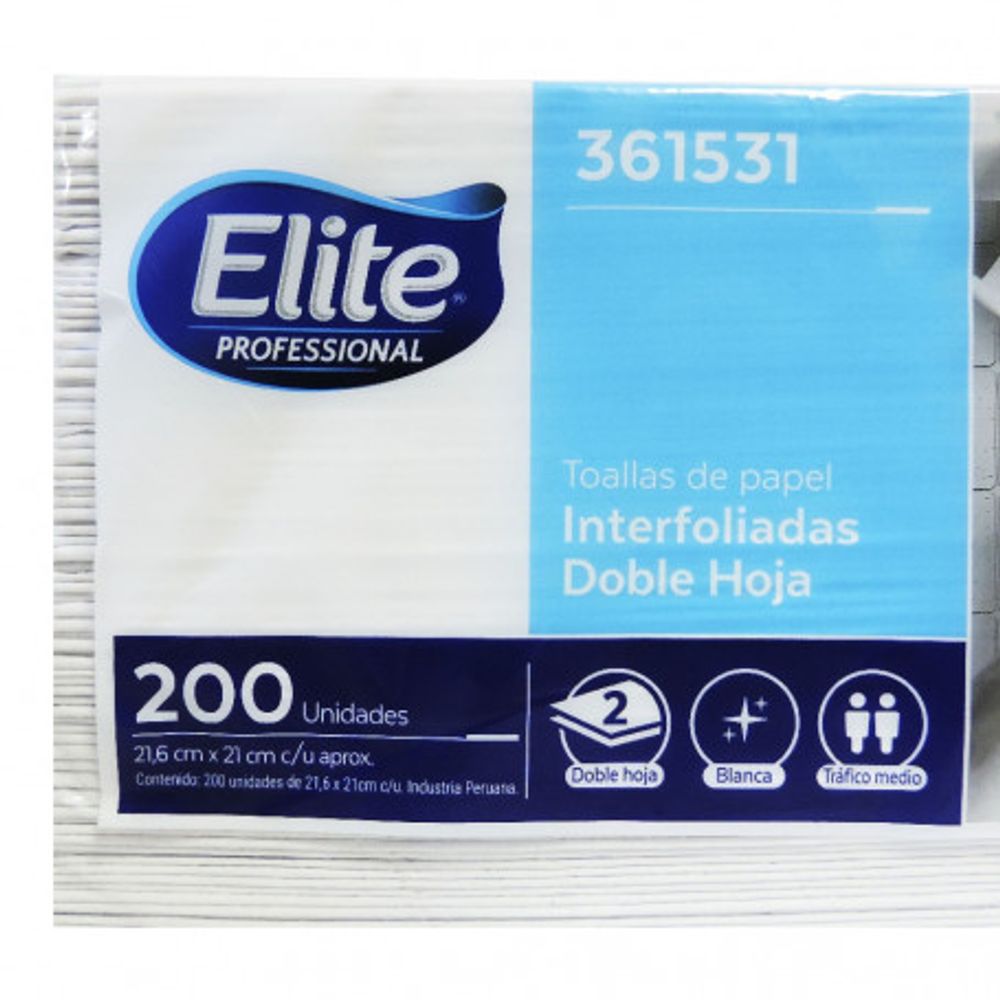 elite_360485_361531.jpg PAPEL TOALLA INTERFOLIADO ELITE PLUS DOBLE HOJA BLANCO PAQUETE 200 HOJAS ELITE 361531 / 361661 - Imagen 1